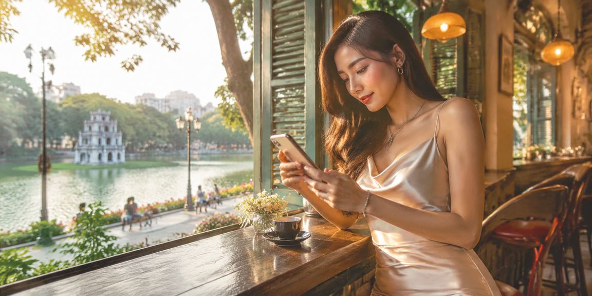 Người dùng tại Hà Nội xem đăng ký và tiền thưởng trong quán cà phê
